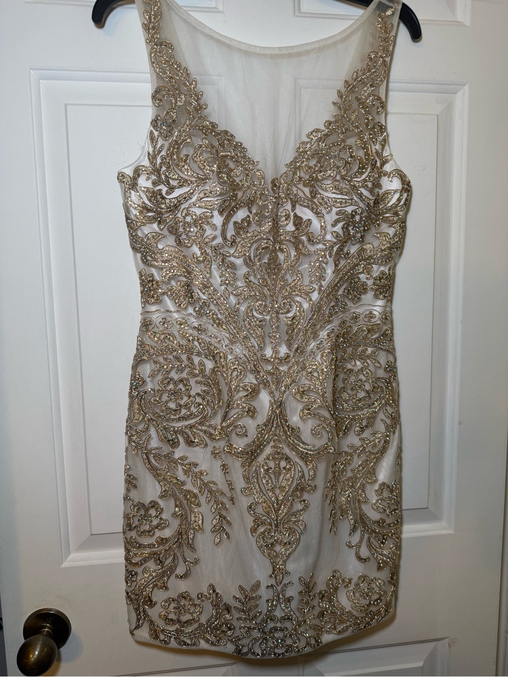 Alyce Paris Black Label Gold Iridescent Embroidered Formal Sheath Dress Sz 12